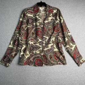 Talbots Pure Silk Top Women 12 Multicolored Paisley Floral Long Sleeve Button Up
